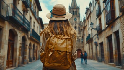 Young backpacker exploring historic spanish town solo  traveler girl on vacation in old streets