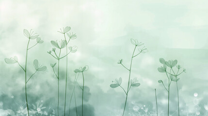 Ethereal Blue and Green Botanical Illustration, Dreamy Watercolor Style with Copy Space 1