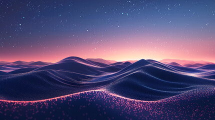 Twilight hues bathe undulating digital dunes under a starry sky