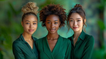 confident young businesswomen in green, diverse in appearance, ethnicity, standing together in business green suits, with a powerful image of unity and strength