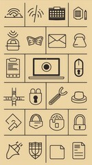 A collection of outline icons in a light brown background. The icons are related to technology, communication, and security.