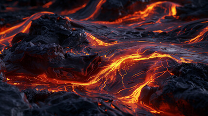 Fototapeta premium Fiery Lava Flow in Vivid Red and Black, Intense Heat of Volcanic Activity 1