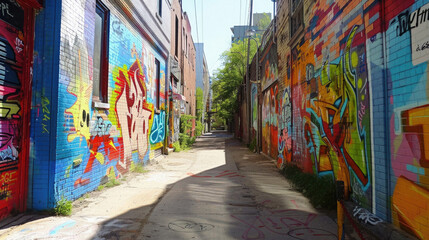 A graffiti covered alleyway with a mural of a man on the wall