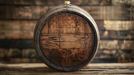 A wooden barrel on a table against a wooden background