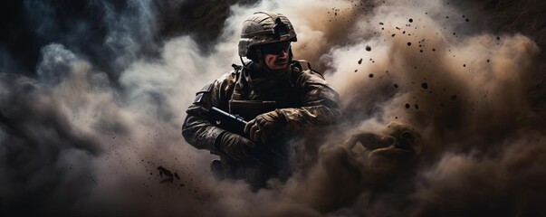 Artistic depiction of a soldier emerging from billowing smoke, set against a dramatic, dark background, capturing a moment of intensity and mystery - obrazy, fototapety, plakaty