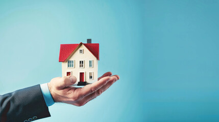 A person, possibly a real estate agent, is holding a small house model in their hand, symbolizing mortgage, rent, and sale of real estate