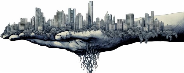 Artistic illustration of a human hand carefully holding a growing skyscraper, emphasizing the power and responsibility in urban planning