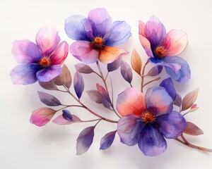 A watercolor painting of purple, blue and pink flowers.