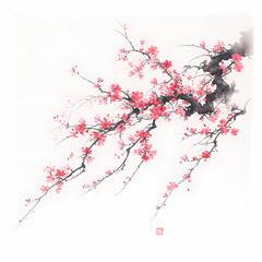 Exquisite Asian-Style Watercolor Painting of Pink Cherry Blossoms and Branches in Full Bloom