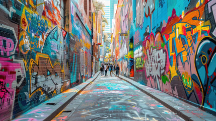 A graffiti covered alleyway with a group of people walking down it