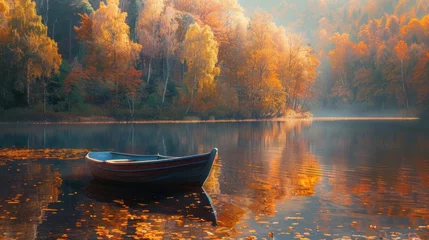 Wandcirkels tuinposter Boat on the lake in the autumn forest nature landscape background. AI generated image © saifur