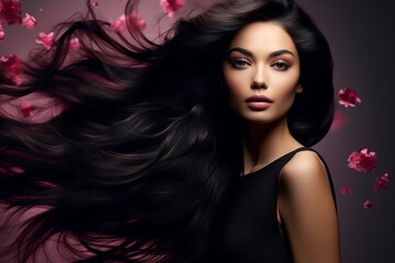 Naklejka premium Fashion forward ad featuring a model with luxurious dark hair, silky and flowing, set against a complementary dark hairtoned background to enhance the color