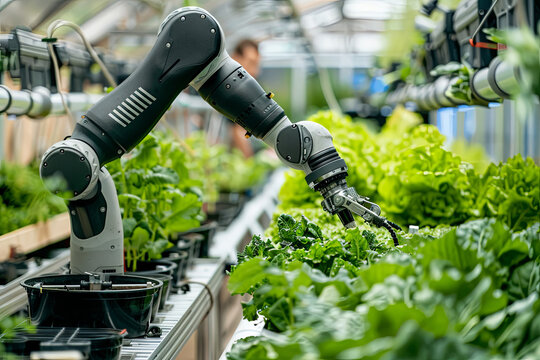 Automated greenhouse featuring robotic arms cultivating and harvesting vegetables, representing advancements in agricultural technology