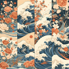 Breathtaking Japanese-Style Watercolor Painting of Wave Patterns with Intricate Floral Elements, Evoking Aesthetic Harmony and Tranquility