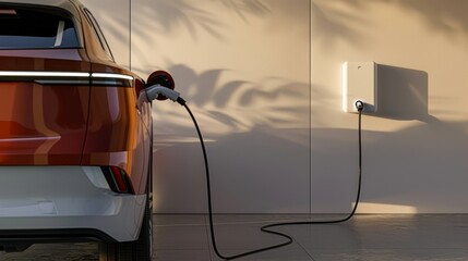 electric car charging process in garage, closeup, environmentally friendly vehicle