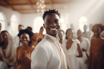 Obraz premium Joyful congregation celebrating with a smiling man in focus.