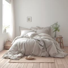 Elegant Bedroom Setting Featuring Comfy Bed with Grey Linens on Light Wood Floors