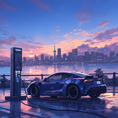 Luxurious Electric Sports Car Recharging at Urban Fuel Station under Vibrant Sunset Skyline