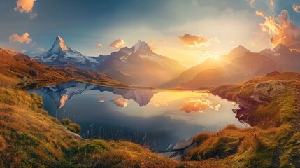 Wonderful evening panorama autumn sunset in nature lake mountain concept background. AI generated - obrazy, fototapety, plakaty
