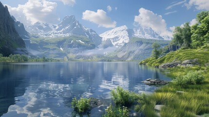 Beautiful large panorama of mountain range with calm lake water landscape. AI generated image - obrazy, fototapety, plakaty