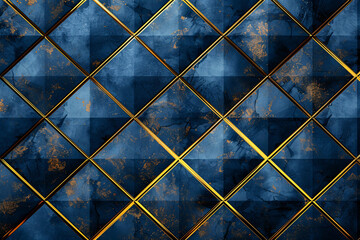 Geometric diamond pattern with blue panels and gold lines on textured background