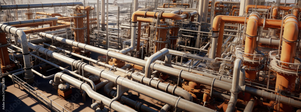 Poster a network of industrial pipelines transporting various substances, with numerous interconnected pipe