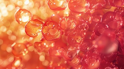 Closeup macro image of red blood cells and organic tissues. Leukocytes and erythrocytes in veins and arteries. Abstract background. Healthcare, hygiene and personal care concept. AI-generated.