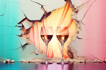 Two glasses with cocktails on background with cracked wall