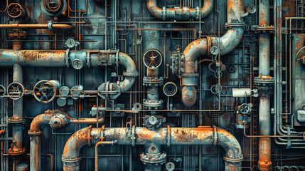 Interwoven pipes and valves create a complex network in a building, resembling a harmonious orchestra of industrial components - obrazy, fototapety, plakaty