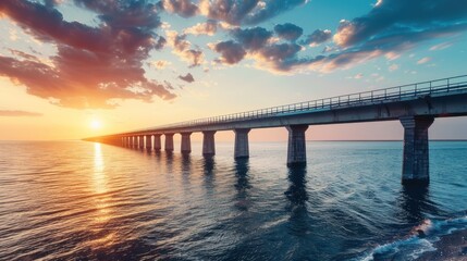 Fototapeta na wymiar Panoramic a long bridge over the sea during sunset background. AI generated image