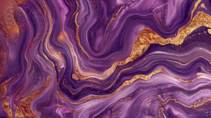 Luxurious marble texture with waves of purple and gold, reminiscent of agate, for elegant backgrounds or patterns.