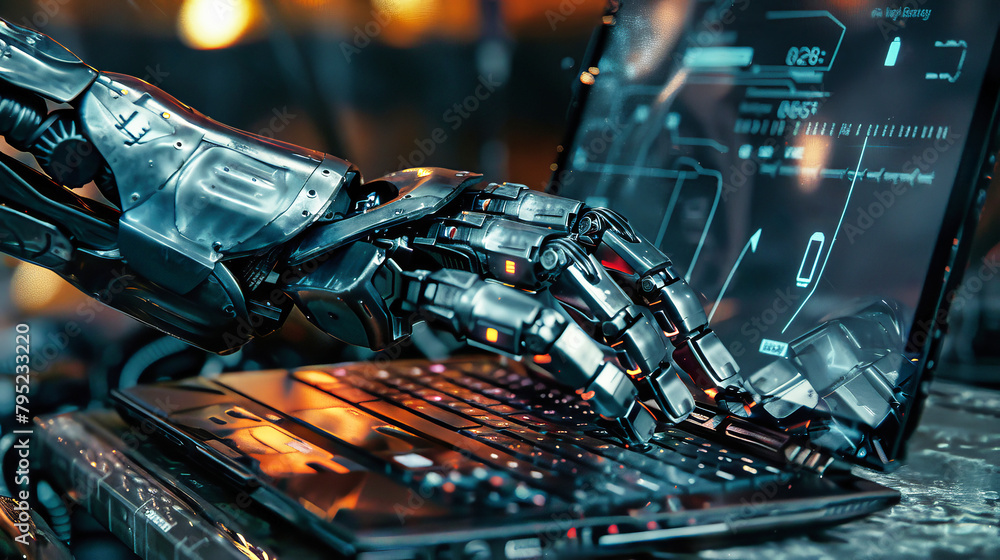 Poster a robotic hand, like that of a cyborg, is seen typing on a laptop keyboard with precision and accura