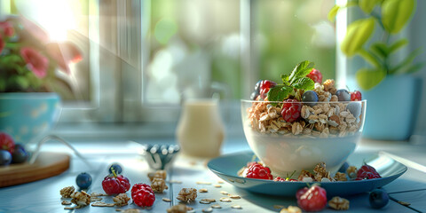 Homemade yogurt with granola, kiwi, dried fruit and nuts bio most healthy seed