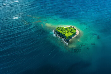 An aerial photograph of Heart Island, with its heart-shaped outline contrasting against the deep blue ocean.