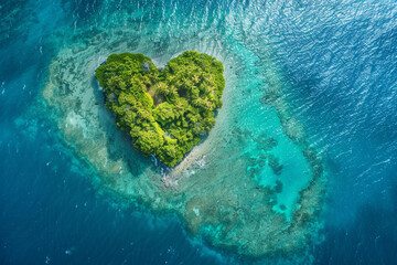 An aerial perspective of Heart Island, with its heart-shaped formation surrounded by vibrant coral reefs.