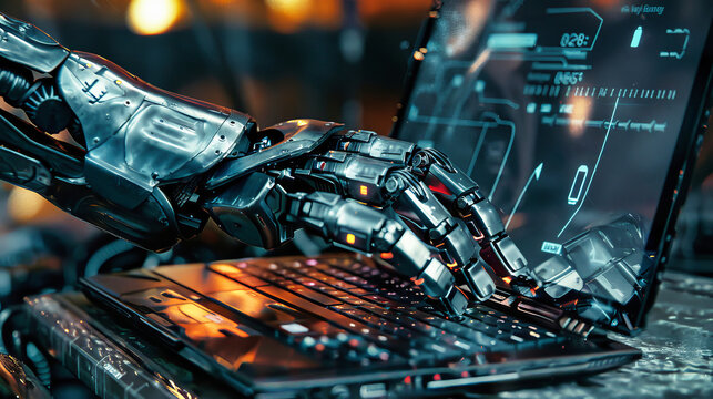 A robotic hand, like that of a cyborg, is seen typing on a laptop keyboard with precision and accuracy, showing the advancement of artificial intelligence