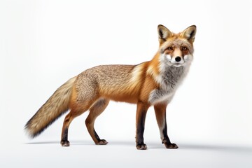 Fototapeta premium Fox standing, vibrant fur details, isolated on white, wildlife concept
