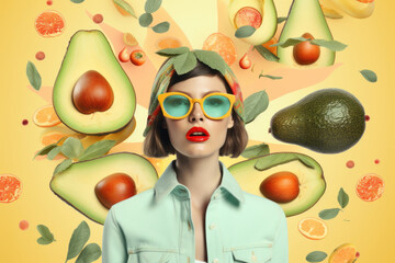 Creative portrait of a beautiful woman in sunglasses with avocado in the background