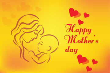  happy Mother's Day orange and yellow vector template design, happy Mother's Day card design with red hearts on yellow and orange background, a mother and kid silhouette vector illustration,