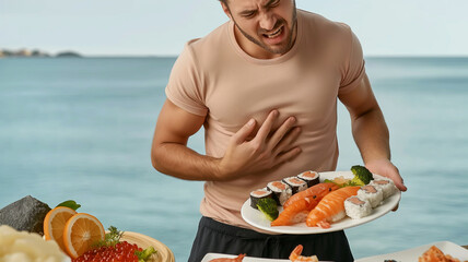Highlighting Food's Role in Health: Close-Up of Man in Heartache, Holding Seafood