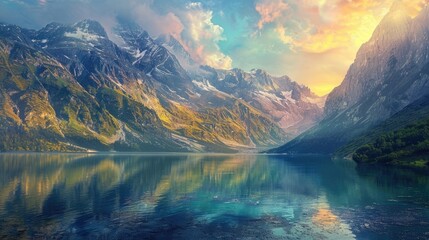 A tranquil lake nestled amidst towering mountains, its pristine surface reflecting the rugged peaks and vibrant sky, creating a breathtaking vista. - obrazy, fototapety, plakaty