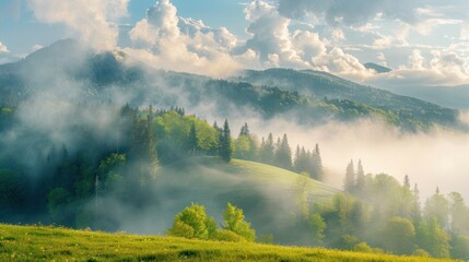 Beautiful landscape mountain valley countryside meadow in morning light. AI generated image