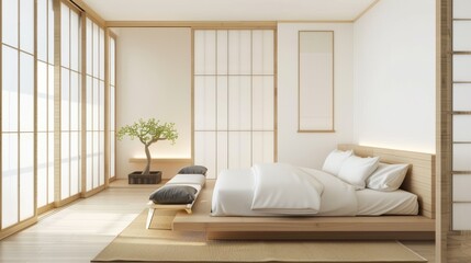 Fototapeta na wymiar Serene Japandi bedroom interior with a platform bed, large windows, and a tranquil bonsai tree