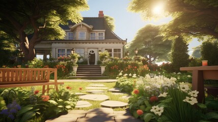 A house with a garden and a view of the backyard. - obrazy, fototapety, plakaty