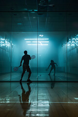 Intense Racquetball Action: Two Athletes in a Fast-Paced Indoor Match