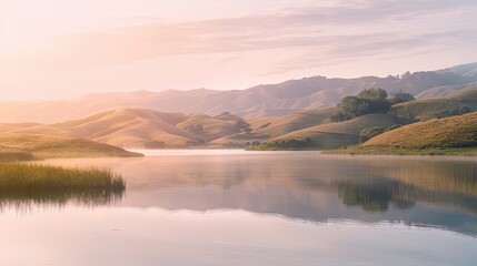 A tranquil lake nestled amidst rolling hills, the soft light of dawn painting the scene in shades of pink and gold.