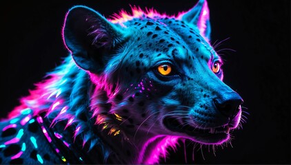 holographic glowing portrait of hyena on black dark background from Generative AI - obrazy, fototapety, plakaty