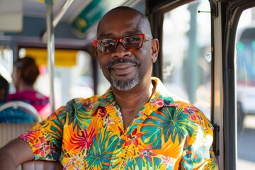 Close-up of a person dressed in a flamboyant tropical shirt sitting inside a bus, reflecting a relaxed urban travel vibe
