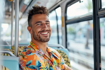 Handsome man with a charming smile wears a tropical shirt, enjoying a ride on a city bus