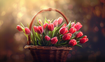 Tulip flowers in wicker basket	